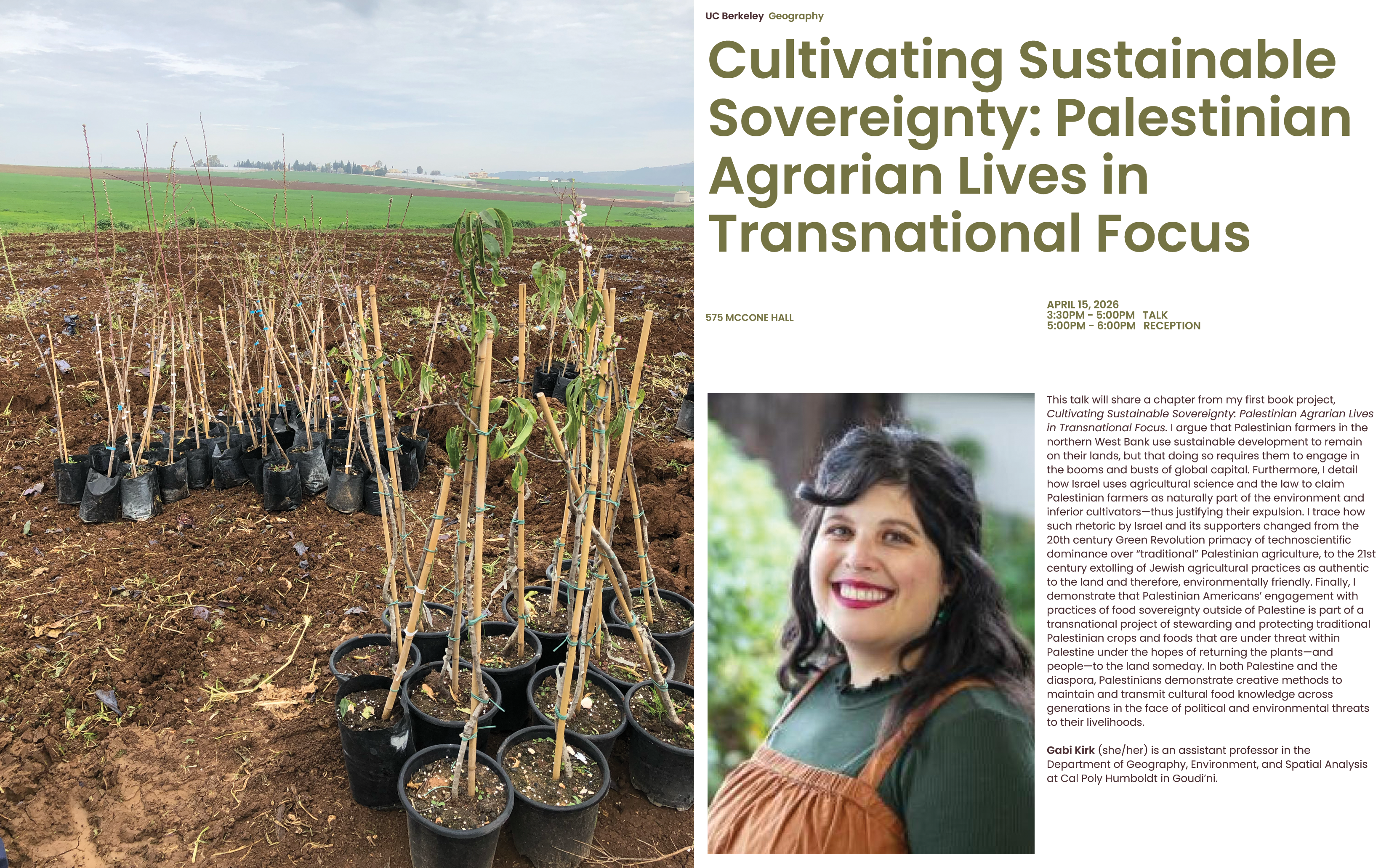 A flier advertising Gabi Kirk's talk at UC Berkeley. Full abstract available at the linked website.